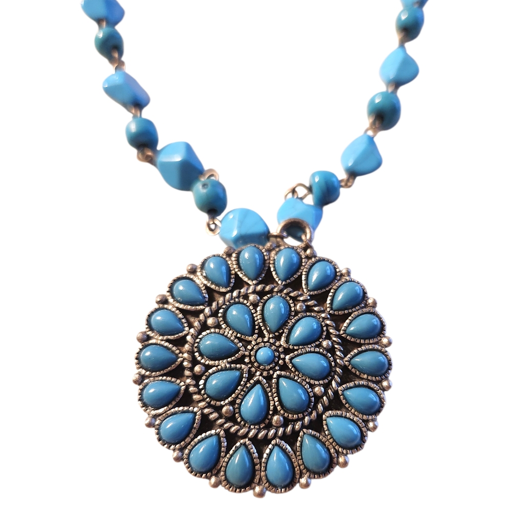 Vintage Robert Rose Faux Turquoise Medallion Statememt Necklace Earrings 25$